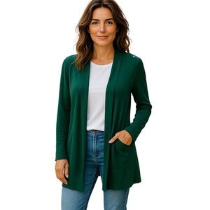 WHITE HOUSE BLACK MARKET Open Long Green Knit Cardigan Sweater Sz Medium vacay